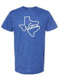 Royal blue tshirt with a graphic design of the shape of Texas with the word Native in script font.