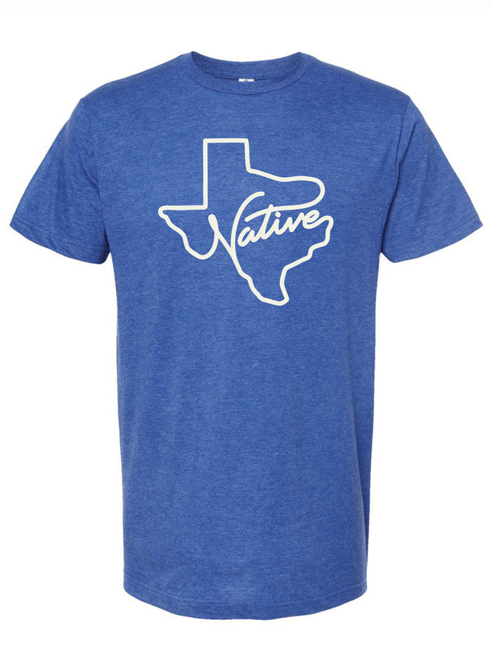 Royal blue tshirt with a graphic design of the shape of Texas with the word Native in script font.