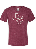 Native V-Neck unisex jersey tee in a rich maroon color showcasing a Texas outline design with the word 'Native' written inside. Perfect as a Texas themed gift, this product embodies the spirit of Texas Made Gifts and serves as a stylish souvenir from Texas, ideal for anyone looking for a unique dallas souvenir or authentic texan gifts.