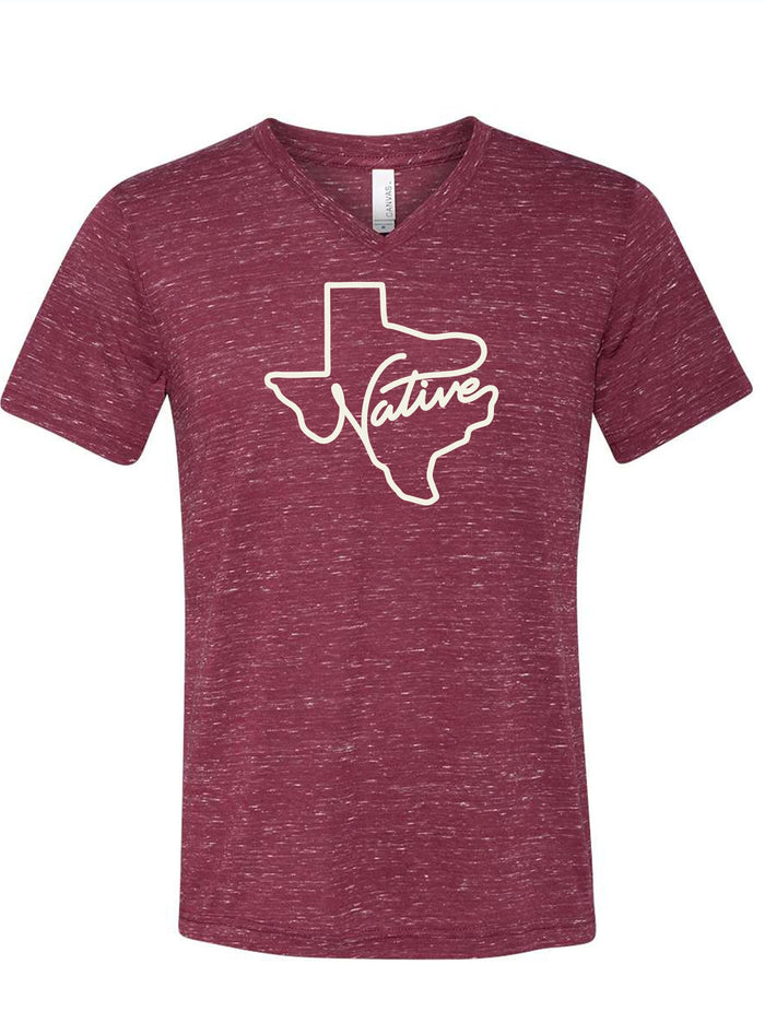 Native V-Neck unisex jersey tee in a rich maroon color showcasing a Texas outline design with the word 'Native' written inside. Perfect as a Texas themed gift, this product embodies the spirit of Texas Made Gifts and serves as a stylish souvenir from Texas, ideal for anyone looking for a unique dallas souvenir or authentic texan gifts.