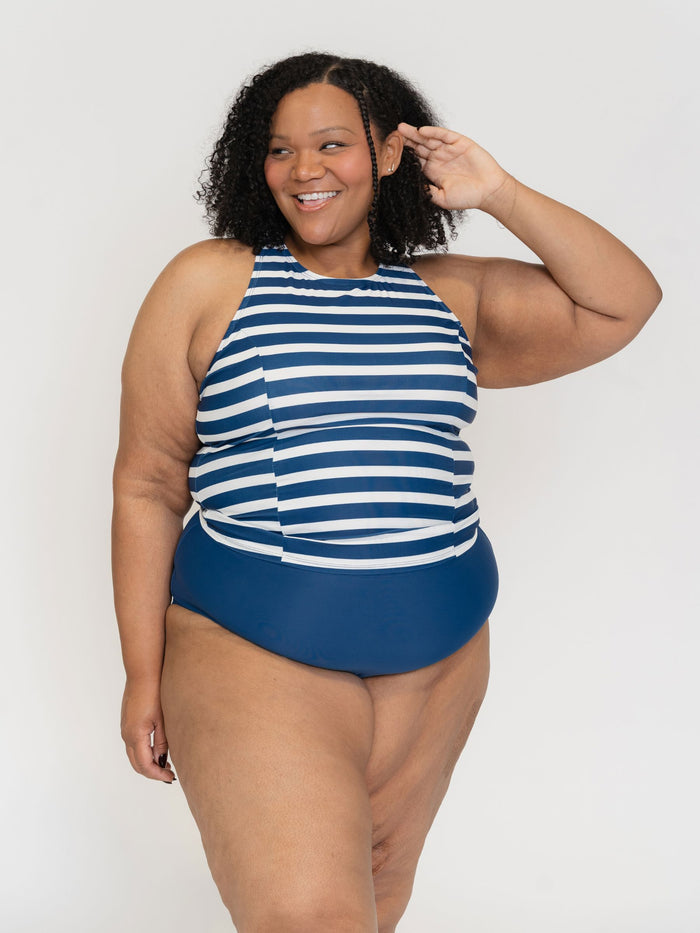 Navy Stripe Racer-Back Tankini Top