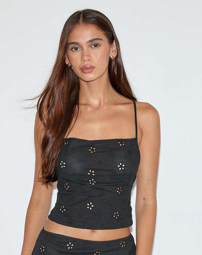 Image of Nobita Cami Top in Flower Broderie Black
