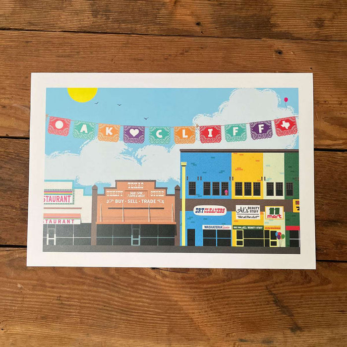 OAK CLIFF BUILDINGS Art Print featuring a colorful illustration of buildings in Oak Cliff, Texas. This vibrant print is perfect for a Texas themed gift, showcasing local culture and charm, making it an ideal Texas Made Gift or Dallas souvenir for anyone who loves Texan gifts.