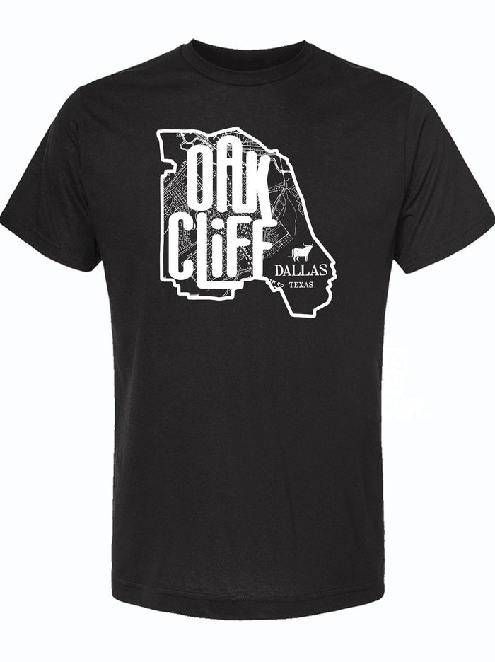 Black tshirt with a graphic design of a map with bold text on top of it reading "OACK CLIFF" in white letters.