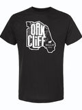 Black tshirt with a graphic design of a map with bold text on top of it reading "OACK CLIFF" in white letters.