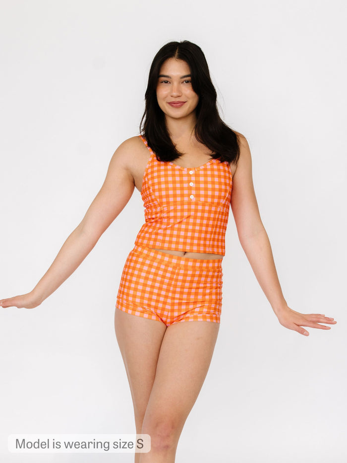 Orange Gingham Button Crop Top