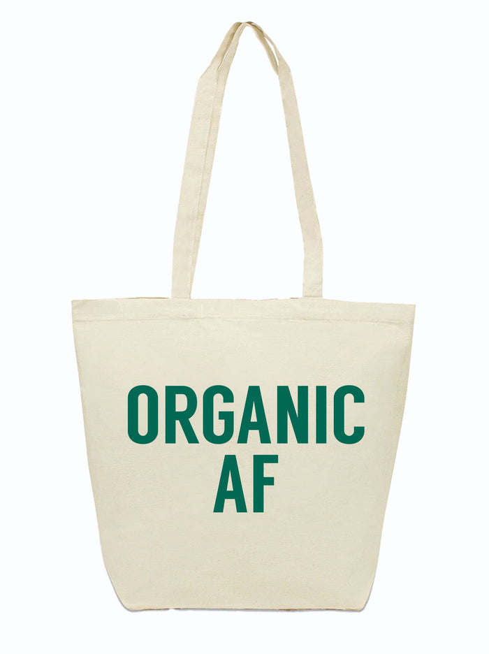 Organic AF Tote Bag featuring bold text, perfect for grocery shopping or farmer's market trips. A great Texas themed gift, this stylish tote is among the top Texas Made Gifts and serves as an ideal souvenir from Texas or Dallas, making it a memorable choice for those looking for unique Texan gifts.