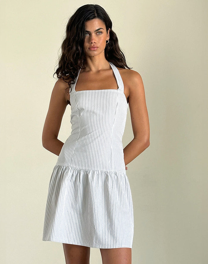 Image of Panja Mini Halter Dress in Small Stripe Vertical Grey
