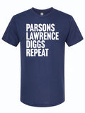 Casual unisex navy blue t-shirt featuring the phrase 'Parsons Lawrence Diggs Repeat', perfect as a Texas themed gift, showcasing unique Texas Made Gifts, and ideal as souvenirs from Texas. A great Dallas souvenir and fantastic option for those seeking Texan gifts.