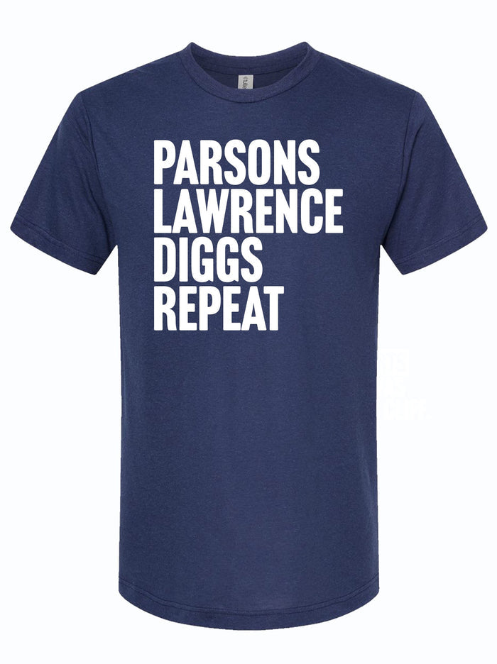 Casual unisex navy blue t-shirt featuring the phrase 'Parsons Lawrence Diggs Repeat', perfect as a Texas themed gift, showcasing unique Texas Made Gifts, and ideal as souvenirs from Texas. A great Dallas souvenir and fantastic option for those seeking Texan gifts.