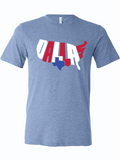 Light blue tshirt with graphic design of the shape of the United States filled in with text reading "DALLAS" and the shape of Texas filled in solid blue.