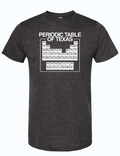 Dark, charcoal gray tshirt with a graphic  design of the 'Periodic Table of Texas,' highlighting various Texas locations and symbols in white ink on a dark gray background.