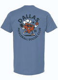 Back view of a slate blue tshirt featuring a graphic design of a Texas-shaped character wearing sunglasses and a cowboy hat playing pickleball. The character is surrounded by a circle of text reading "DALLAS PICKLEBALL SOCIAL CLUB" in navy letters.