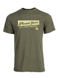 Olive green tshirt with a graphic of text reading "Pleasant Grove: Well, it sure sounds nice!" and a small Texas shape underneath.