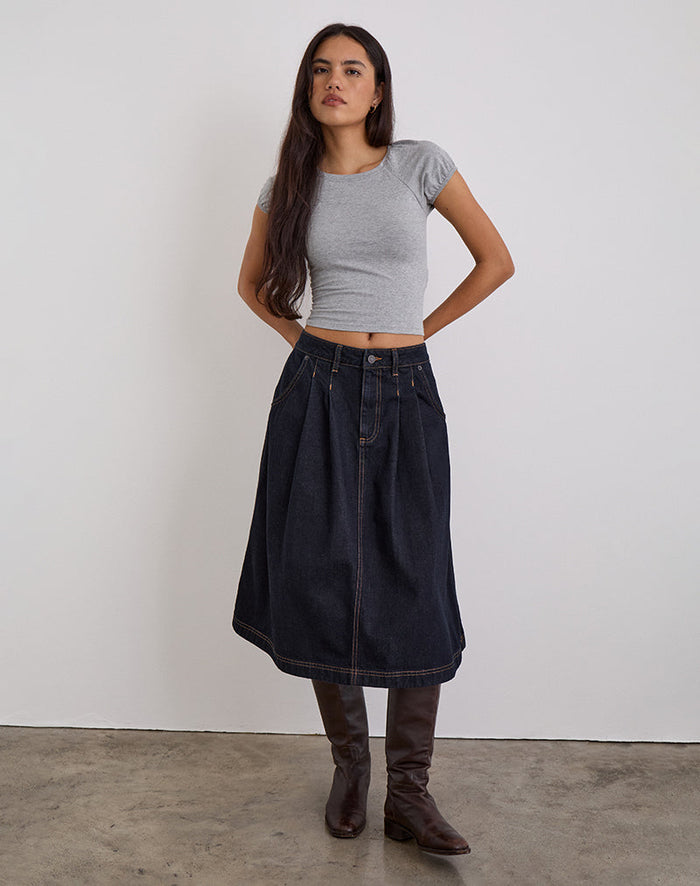 Image of Pleated Midi Denim Skirt in Indigo