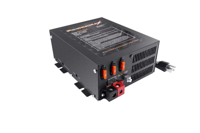 Black PowerMax PM3 Series RV Power Converter - 3/4 Angle View Showing Terminals | United RV Parts