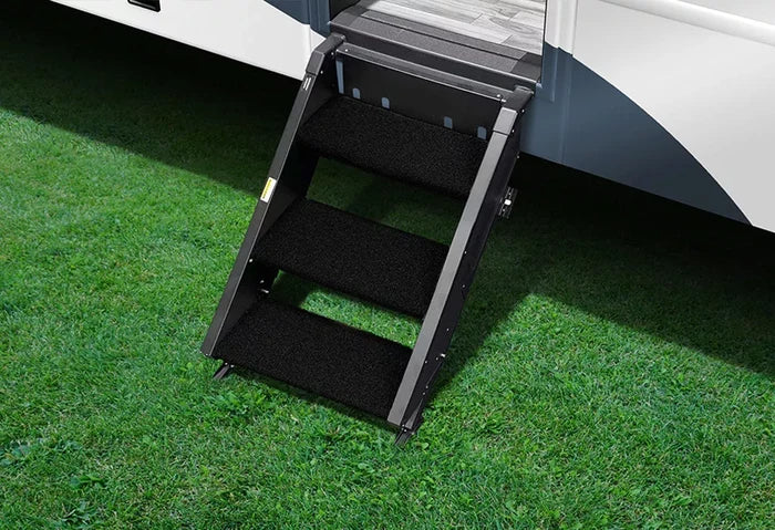 Obsidian Black Prestofit 17.5" Step Rugs 3-Piece Set 2-0512 Installed on RV Steps | United RV Parts