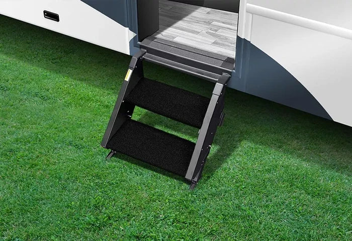 Obsidian Black Prestofit 19.5" RV Step Rugs 2-Piece Set Installed on RV Entry Steps | United RV Parts