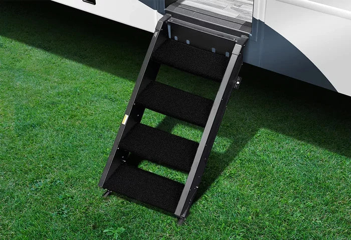 Obsidian Black Prestofit RV Step Rugs 4-Piece Set installed on folding entry steps - Side View | United RV Parts