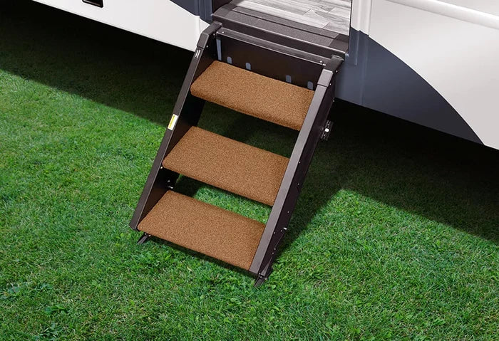 Buckskin Brown Prestofit Step Rugs on MORryde StepAbove 3-Step - Outdoor Lifestyle View | United RV Parts