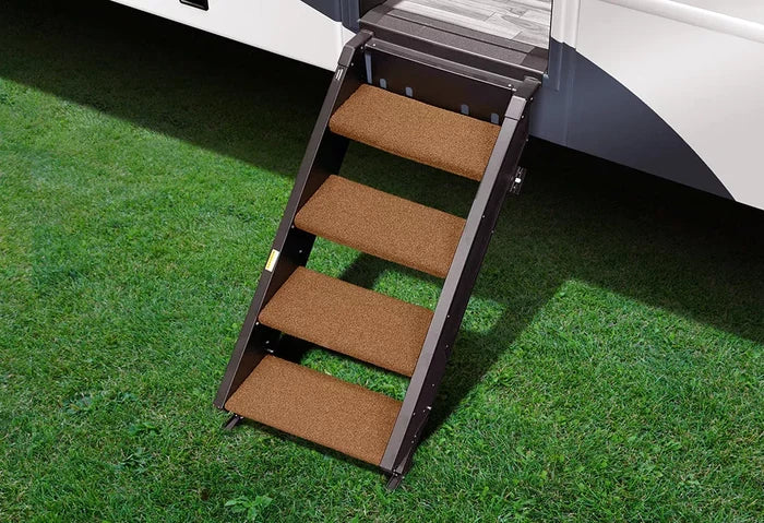 Buckskin Brown Prestofit Step Rugs 2-0537 Installed on MORryde StepAbove 4-Step - Side View | United RV Parts