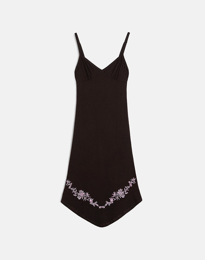 Image of Quelin Midi Dress in Chocolate Brown with Rose Embroidery