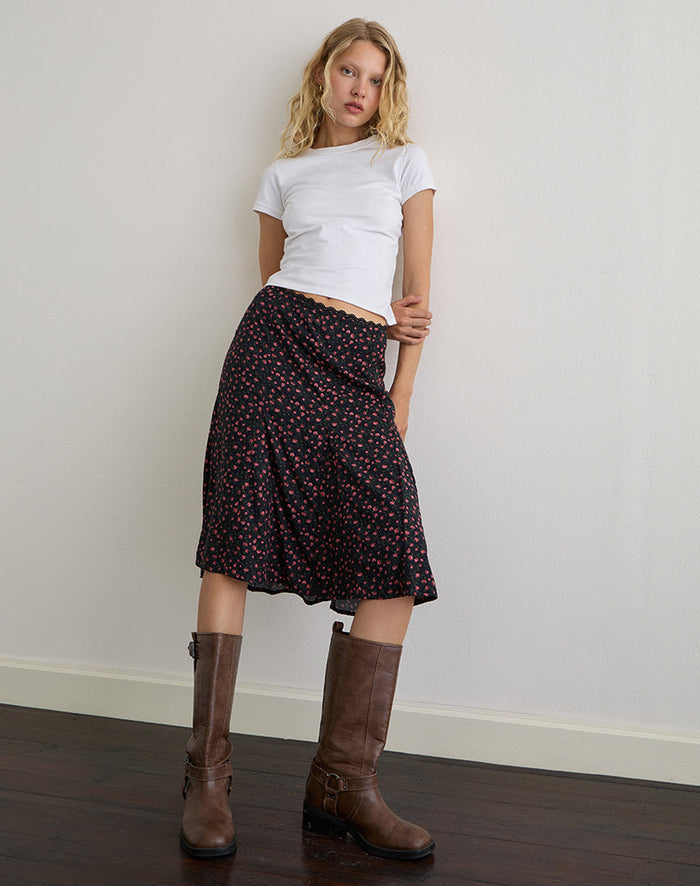 Image of Rahyu Midi Skirt in Dark Pink Rose Black