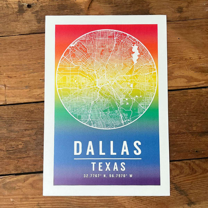 Rainbow Map Art Print showcasing a colorful map of Dallas, Texas. Perfect as a Texas themed gift or a unique Dallas souvenir, this art print is a great representation of Texas Made Gifts and is ideal for anyone looking to add a vibrant touch to their decor with Texan gifts.