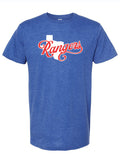 Royal blue tshirt with a graphic design of text reading "rangers" in a red script font on top of a white shape of Texas.