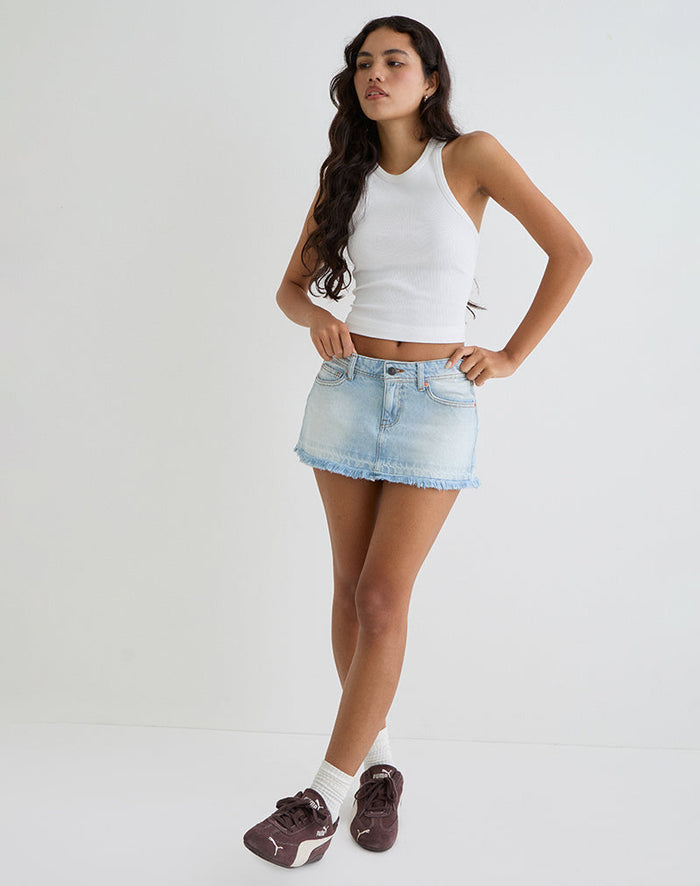 Image of Low Rise Denim Mini Skirt in Icy Blue