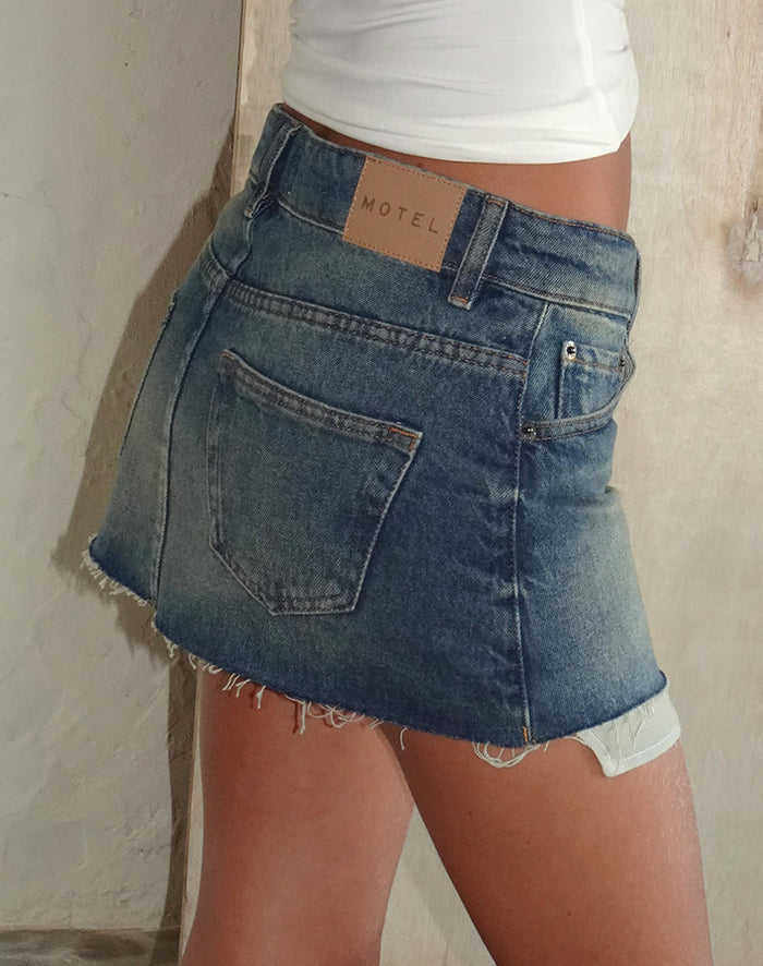 Image of Raw Mini Skirt in Steel Blue with Pockets