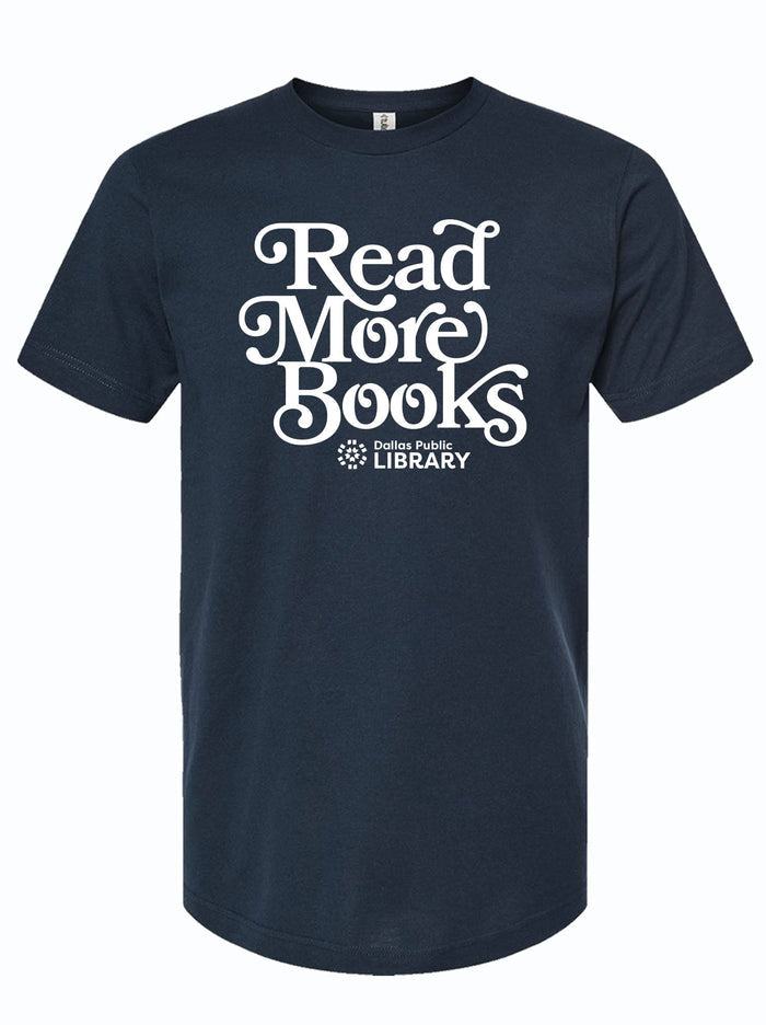 Navy blue t-shirt with 'Read More Books' text and a Dallas Public Library logo in white letters.