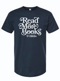 Navy blue t-shirt with 'Read More Books' text and a Dallas Public Library logo in white letters.
