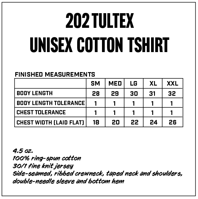 Measurement chart for 202 Tultex unisex cotton t-shirt with size chart and fabric details.