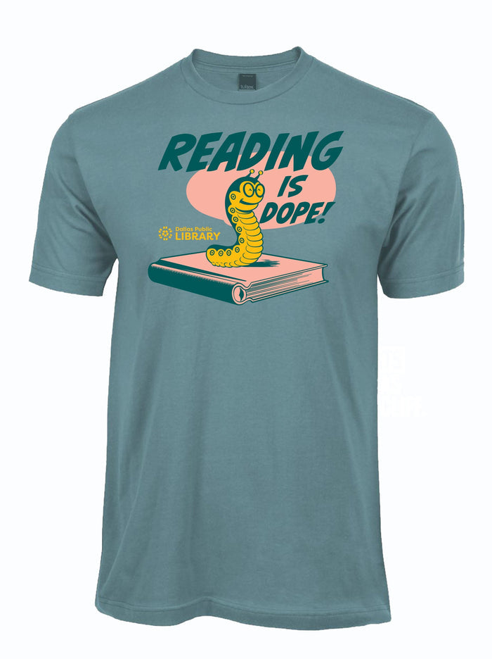 Slate blue tshirt with a graphic of a caterpillar on a book and 'Reading is Dope' text.