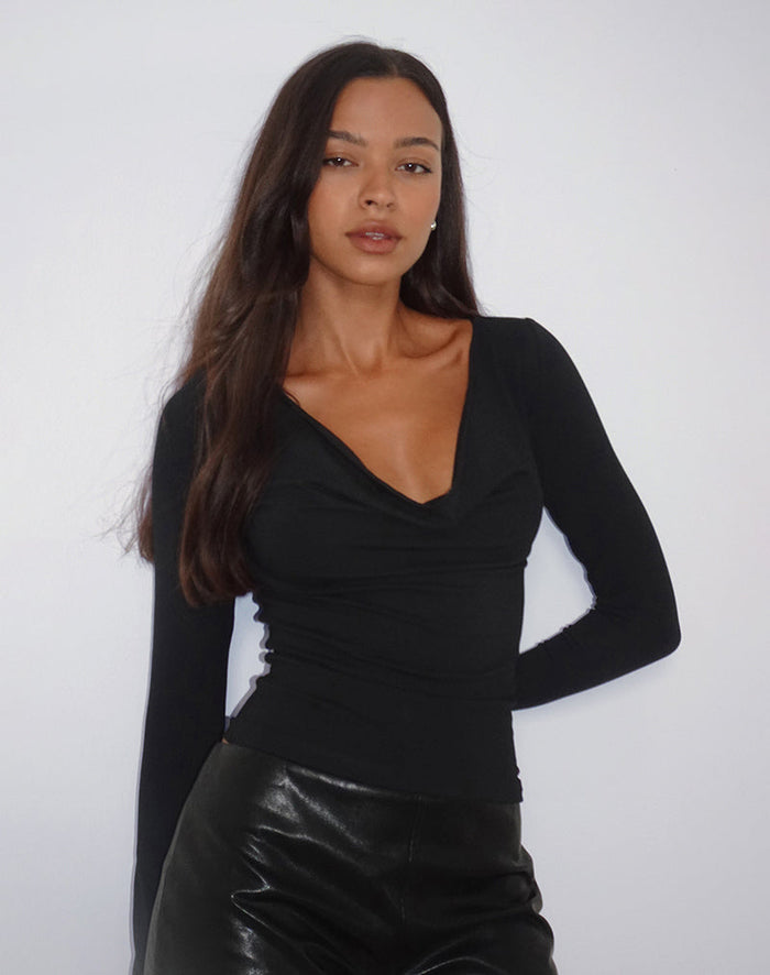 Image of Renice Longsleeve Cowl Neck Top in Black