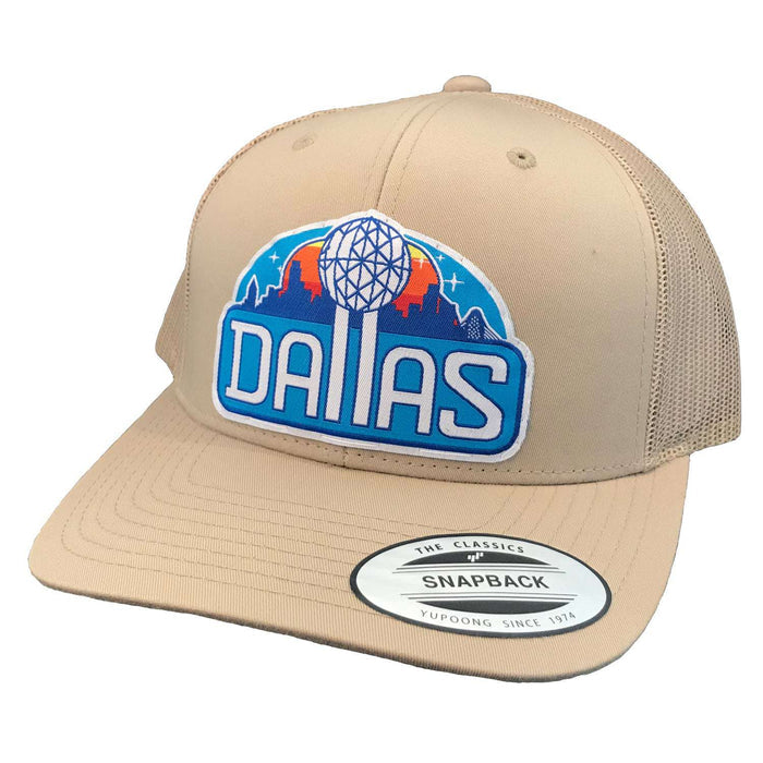 Reunion Patched Curved Bill Hat featuring a stylish Dallas patch on a khaki base, perfect for showcasing Texas pride. A must-have Texas themed gift, ideal as a souvenir from Texas or for anyone looking for unique Texan gifts.