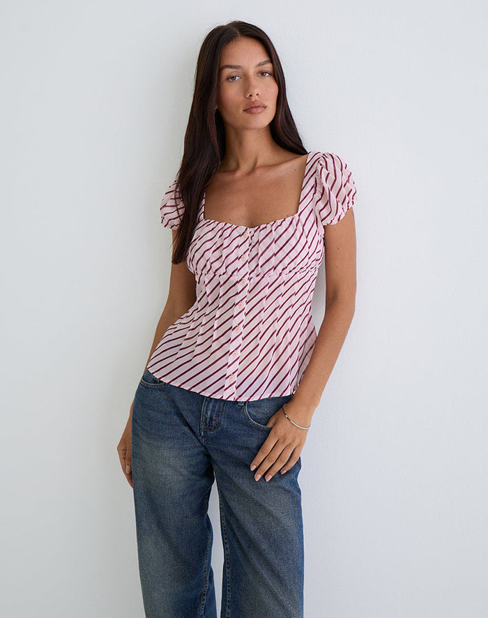 Image of Rolina Blouse in Chiffon Stripe Pink and Burgundy