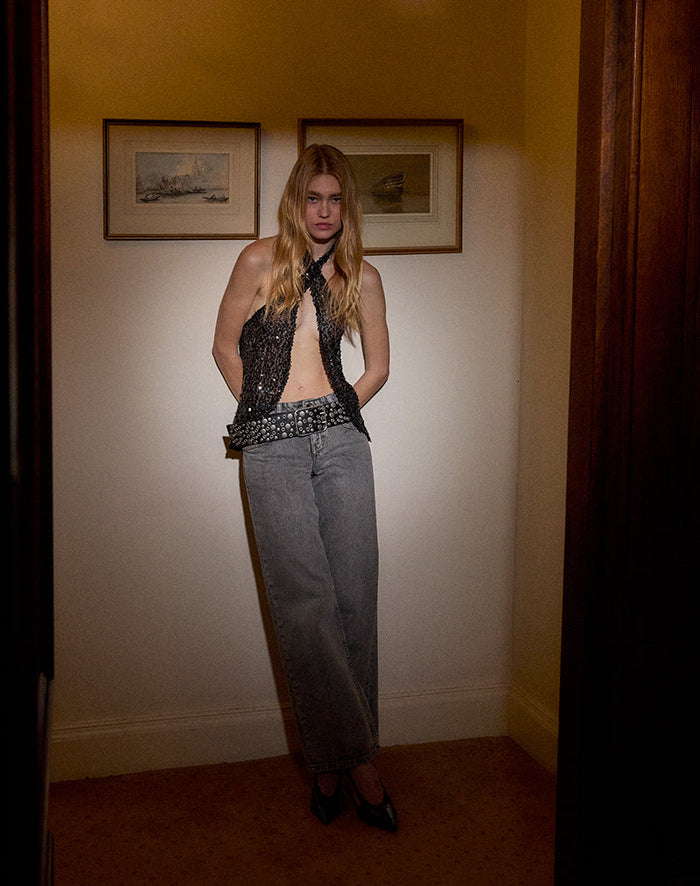 Image of Ruway Unlined Scarf Top in Sequin Black