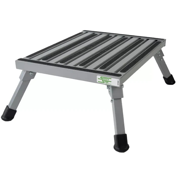 Silver Aluminum Folding RV Step Stool F-08C - Angled View with Non-Slip Surface | United RV Parts