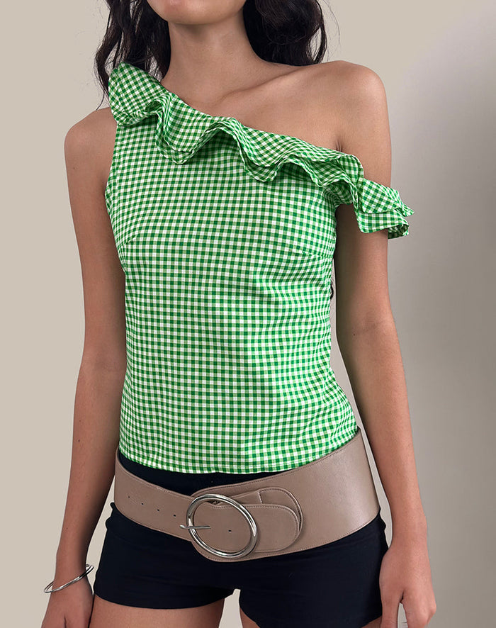 Image of Sanamu Frill Top in Mini Gingham Green