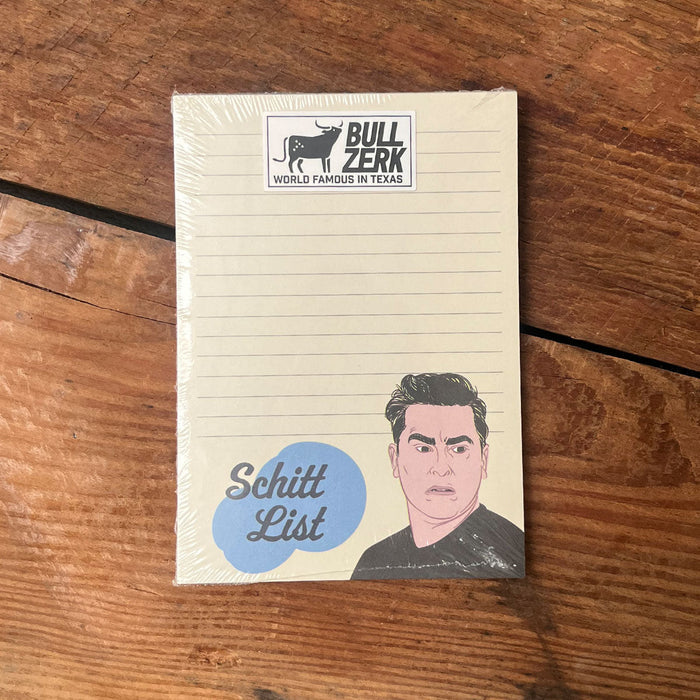 Schitt List Notepad featuring a character illustration, perfect as a Texas themed gift. This Texas Made Gift is a fun souvenir from Texas, ideal for fans of quirky Dallas souvenirs and unique Texan gifts.
