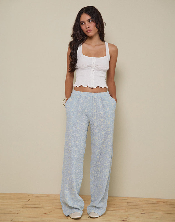 Image of Semur Trouser in Broderie Ice Blue