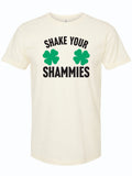 Shake Your Shammies t-shirt featuring green shamrock graphics, perfect for a casual Texas themed gift. This stylish tee highlights Texas Made Gifts and makes an excellent souvenir from Texas. Ideal for anyone looking for a unique dalas souvenir or Texan gifts.