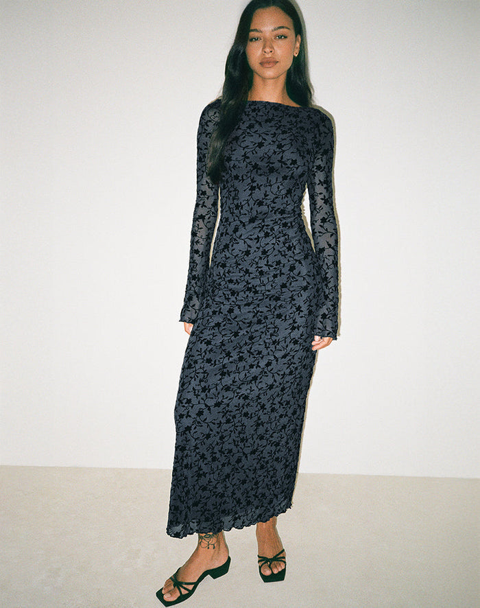 Image of Shaleed Maxi Dress in Pretty Petal Flock Navy