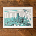 SKYLINE Art Print featuring a stylish illustration of Dallas cityscape, perfect as a Texas themed gift. Celebrate your love for the Lone Star State with this Texas Made Gift that serves as a unique souvenir from Texas. Ideal for anyone looking for a Dallas souvenir or Texan gifts.