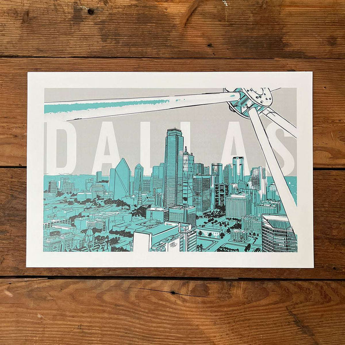 SKYLINE Art Print featuring a stylish illustration of Dallas cityscape, perfect as a Texas themed gift. Celebrate your love for the Lone Star State with this Texas Made Gift that serves as a unique souvenir from Texas. Ideal for anyone looking for a Dallas souvenir or Texan gifts.