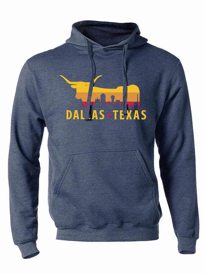 denim hoodie with graphic of a longhorn and the skyline of dallas texas inside it