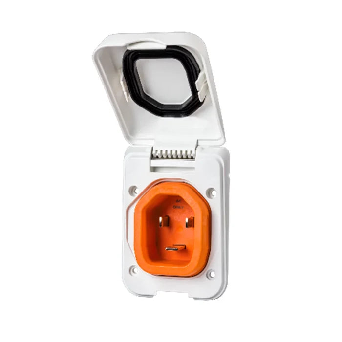 SmartPlug BM30PW 30 Amp Inlet White - Cover Open Showing Orange Connector Pins | United RV Parts