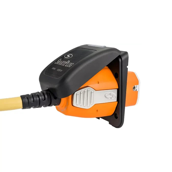 SmartPlug 30 Amp Connector Engaged in Black Inlet with Yellow Cord - Side Angle | United RV Parts
